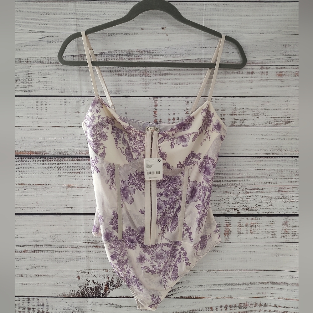 Free People Night Rhythm Floral Corset Bodysuit Ivory Combo Large NWT - Picture 2 of 6